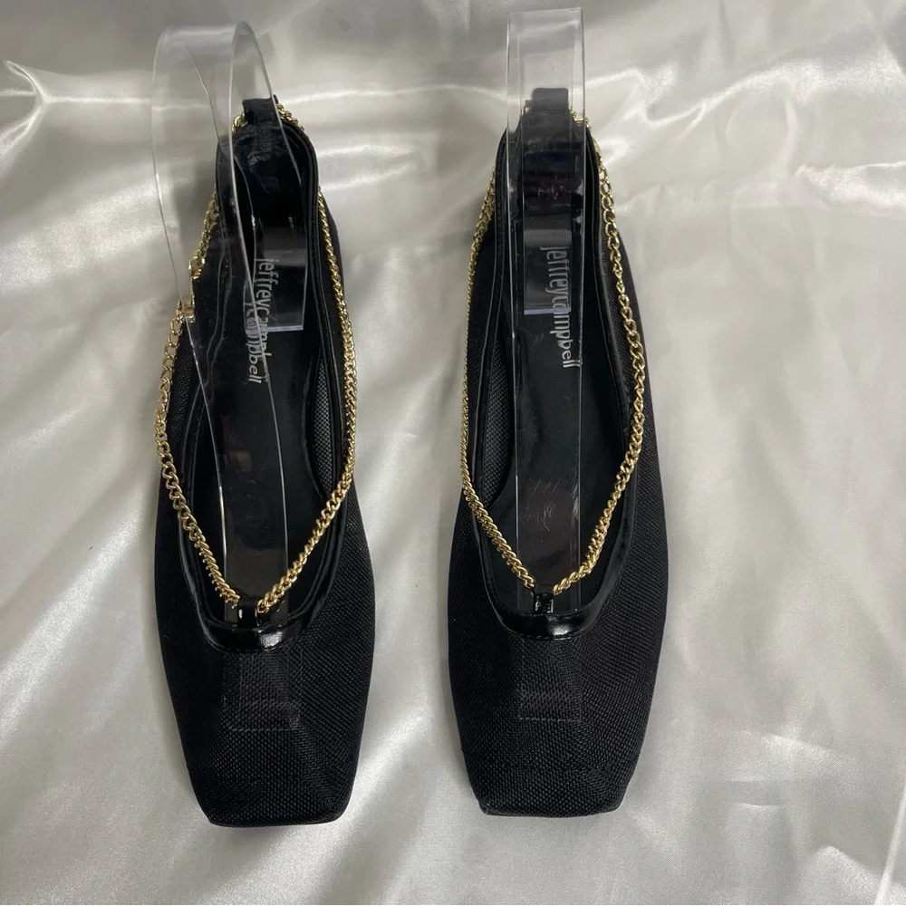 JEFFREY CAMPBELL GERALDINE BLACK MESH GOLD
CHAIN BALLET FLATS SIZE 6 - Picture 3 of 11